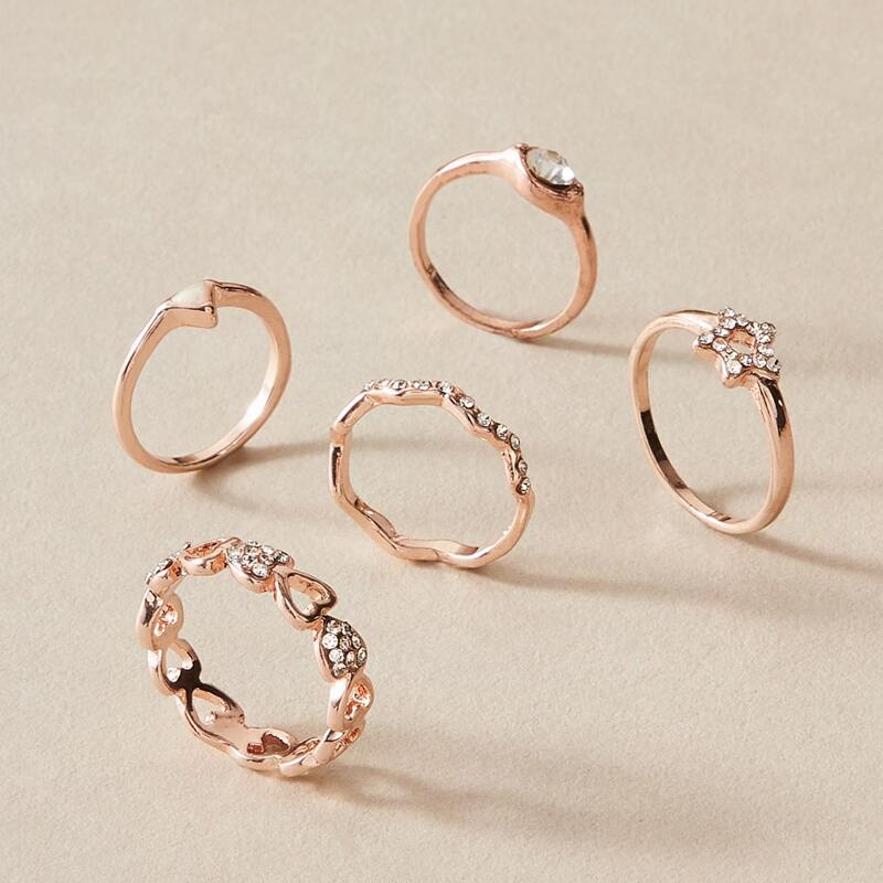 

5pcs Rhinestone & Geometric Ring, Gold