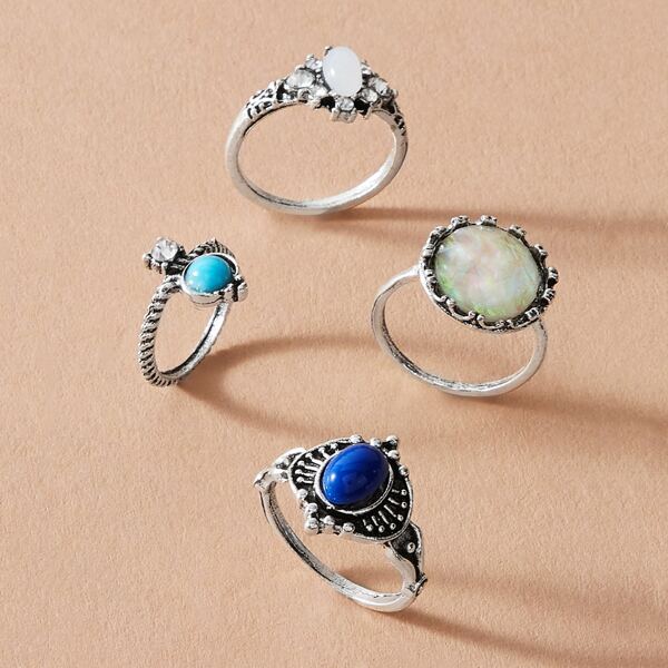 

4pcs Gemstone Decor Ring, Multicolor