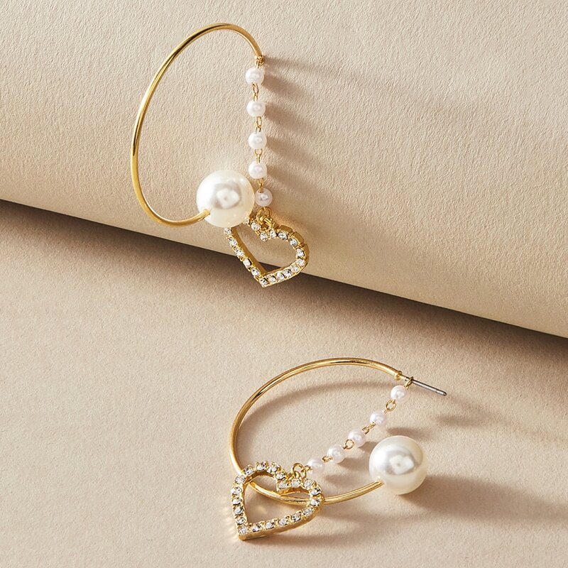 

1pair Heart & Faux Pearl Hoop Earrings, Gold