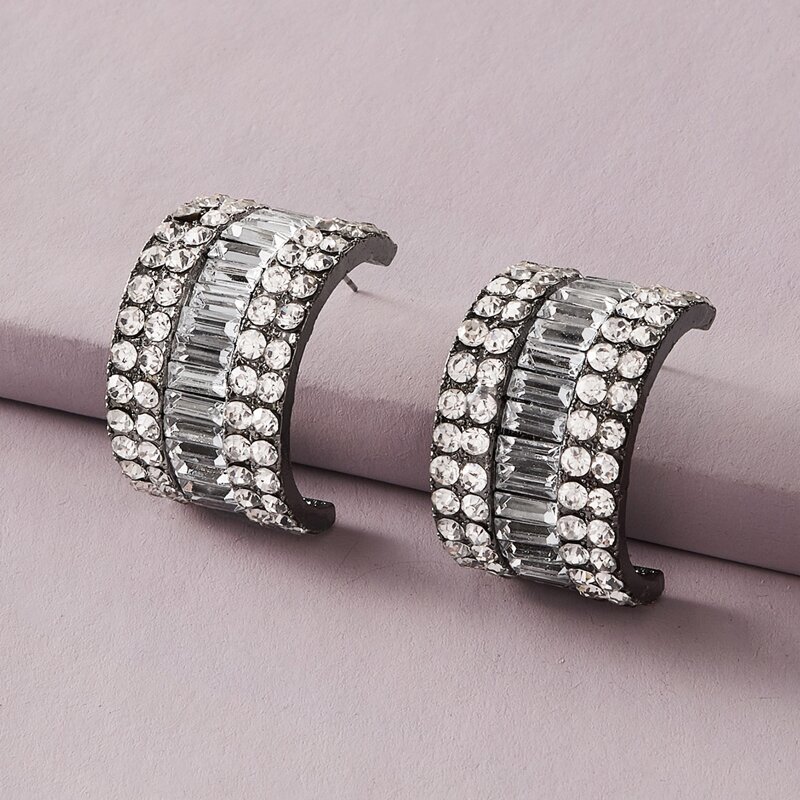 

1pair Rhinestone Semicircle Earrings, Silver