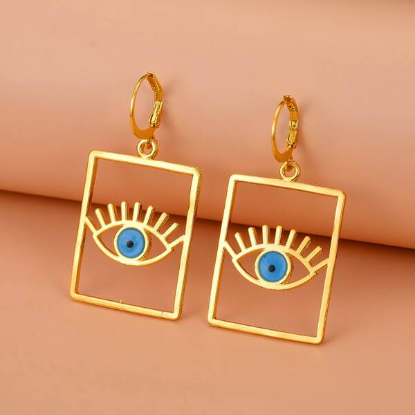 

1pair Eyes & Square Earrings, Gold