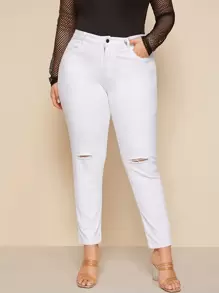Plus Ripped High Rise Solid Jeans - White - View 1