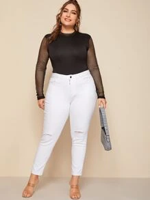 Plus Ripped High Rise Solid Jeans - White - View 3
