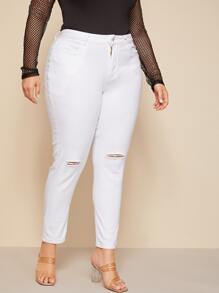Plus Ripped High Rise Solid Jeans - White - View 4