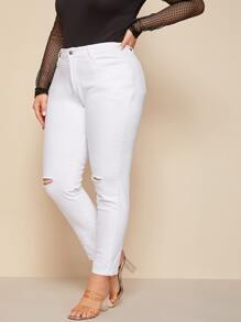 Plus Ripped High Rise Solid Jeans - White - View 5