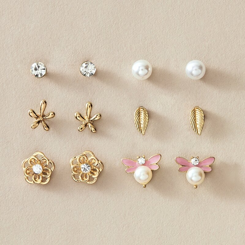 

6pcs Floral & Rhinestone Earrings, Multicolor