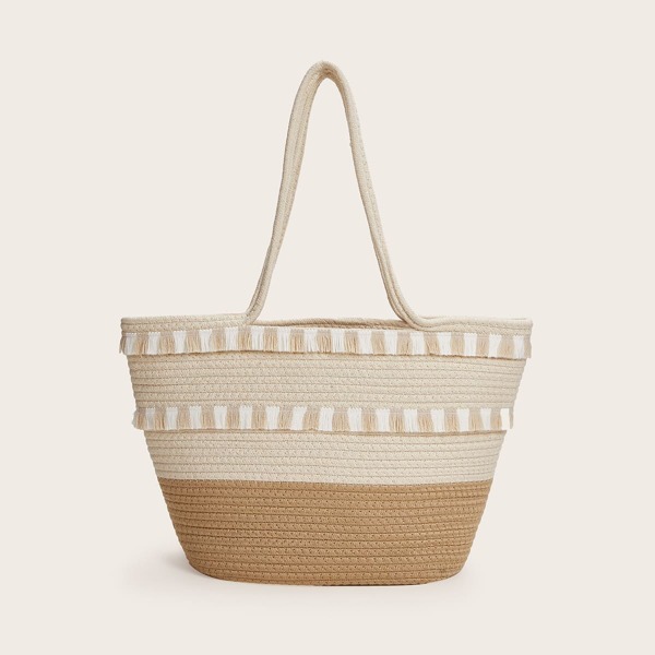 

Tassel Charm Two Tone Woven Tote Bag, Beige