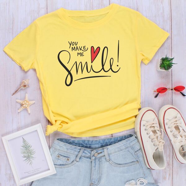 

Slogan & Heart Print Tee, Yellow