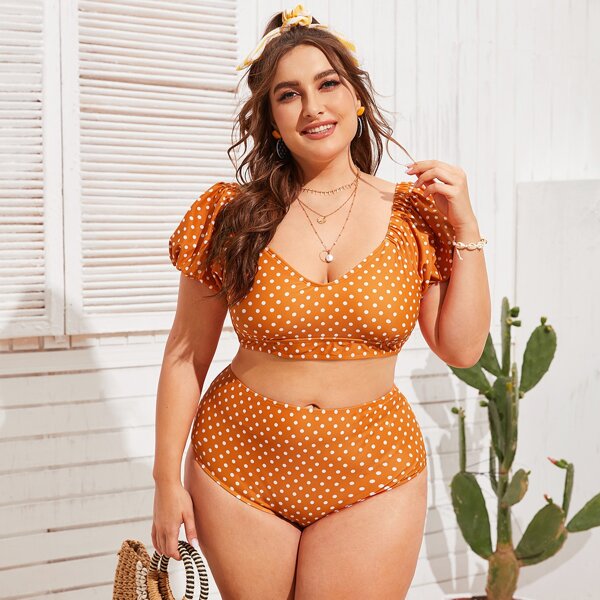

Plus Polka Dot High Waisted Bikini Swimsuit, Orange