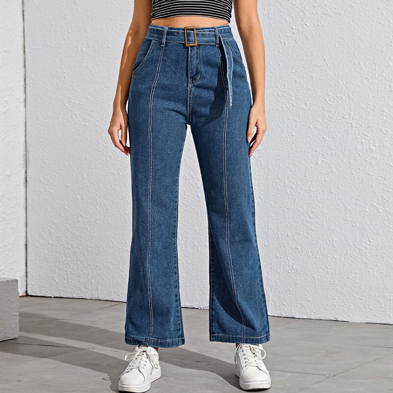 

High Waisted Self Tie Wide Leg Jeans, Blue