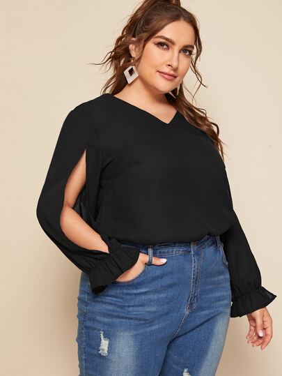 Plus Split Sleeve V-neck Solid Blouse