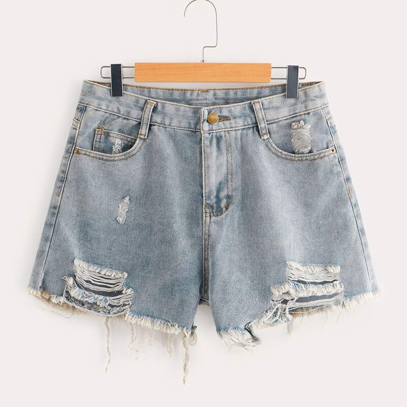 

Ripped Raw Hem Denim Shorts, Blue