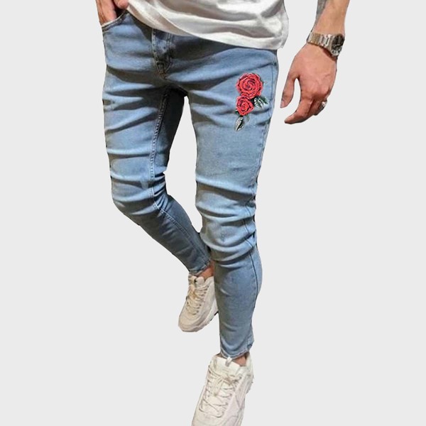 

Men Rose Embroidery Slant Pocket Jeans, Blue