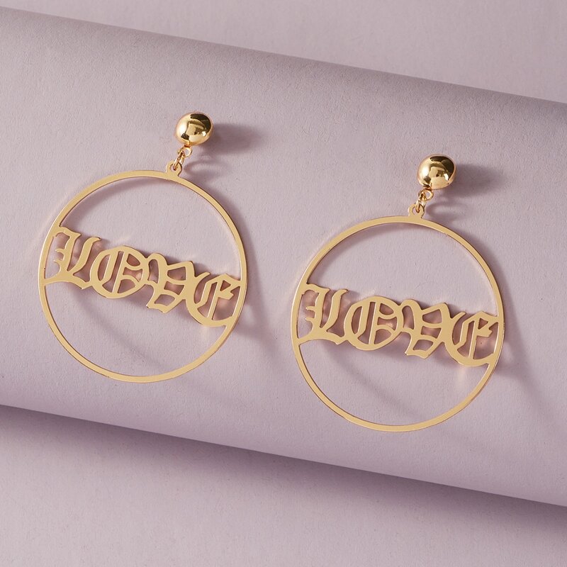 

1pair Hollow Out Letter Decor Round Drop Earrings, Gold