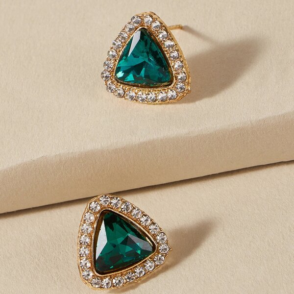 

1pair Gemstone Engraved Triangle Shaped Stud Earrings, Multicolor