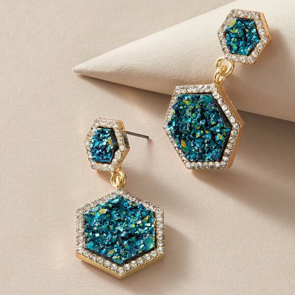 

1pair Rhinestone Engraved Geometric Drop Earrings, Multicolor