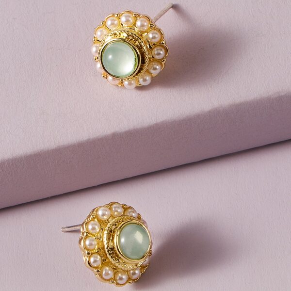 

1pair Gemstone & Faux Pearl Engraved Round Stud Earrings, Multicolor