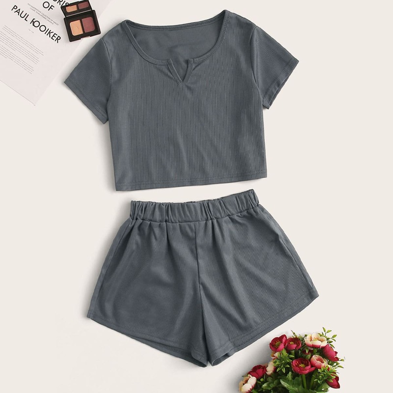 

Textured Short Sleeve Top With Shorts PJ Set, Grey
