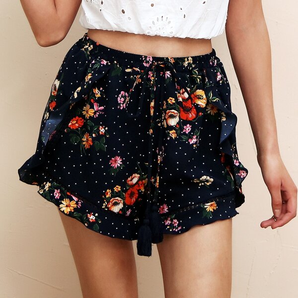 

Ruffle Trim Tassel Tie Waist Floral & Polka Dot Shorts, Navy blue