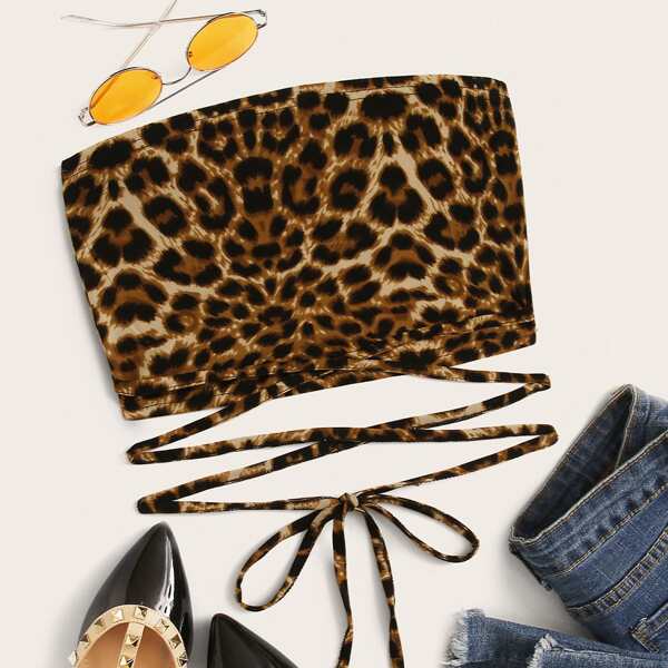 

Plus Leopard Print Tie Front Crisscross Tube Top, Multicolor
