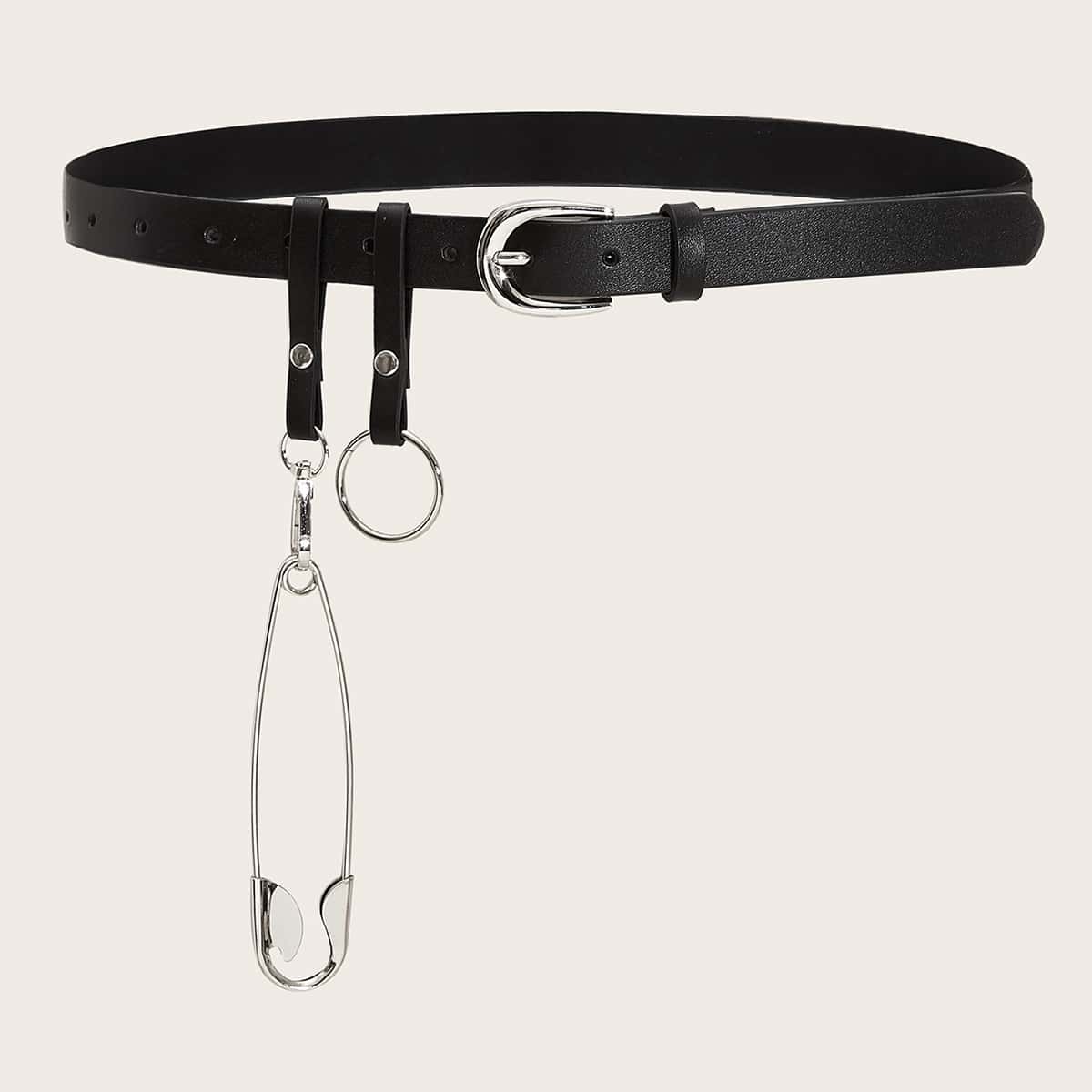 

Guys Safety Pin & Ring Decor PU Buckle Belt, Black