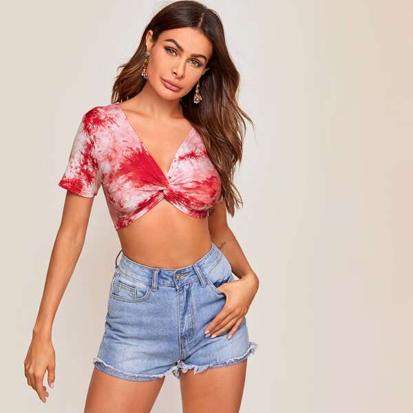 

Tie Dye Twist Front High Low Tee, Red