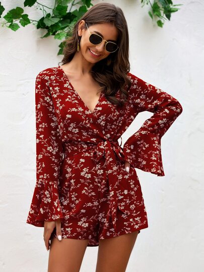 Surplice Front Belted Allover Floral Romper