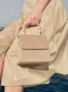 Glitter Bling,Shiny Glamorous,Elegant Mini Pearl Decor Glitter Flap Evening Bag Dinner Bag For Party Girl,Woman,For Female Perfect For Party,Wedding,Prom,Dinner/Banquet,For Best Gift For Women - Gold - View 1