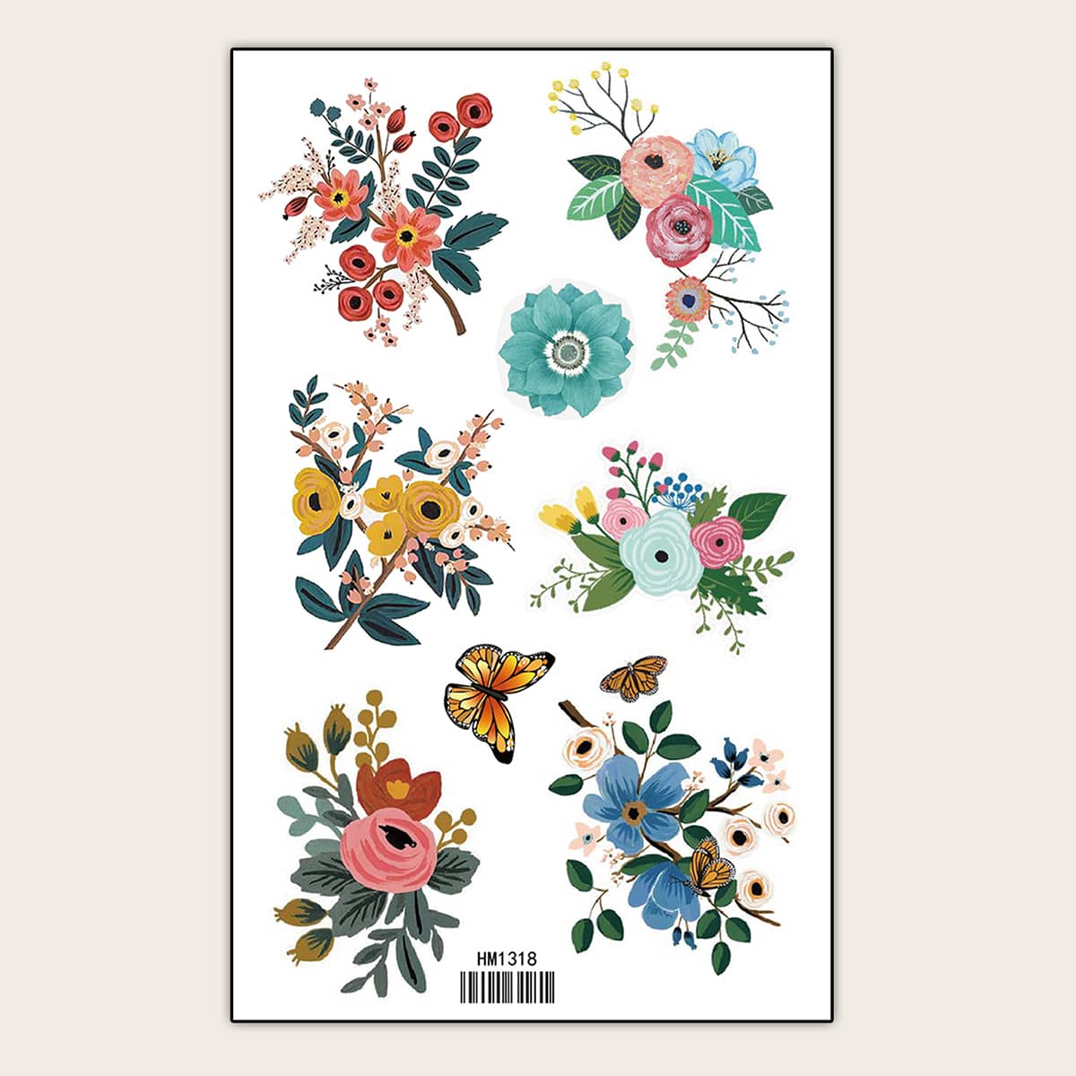 

Floral & Butterfly Pattern Tattoo Sticker, Multicolor