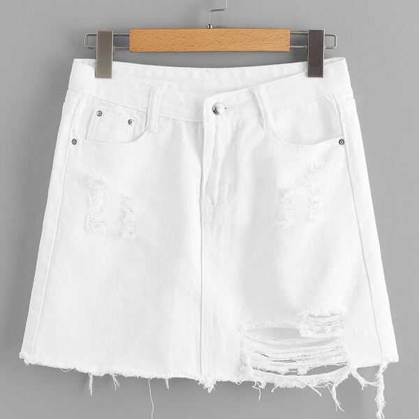 

Plus Raw Hem Ripped Denim Skirt, White