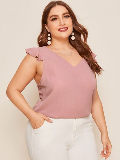 Plus V-neck Cap Sleeve Solid Blouse