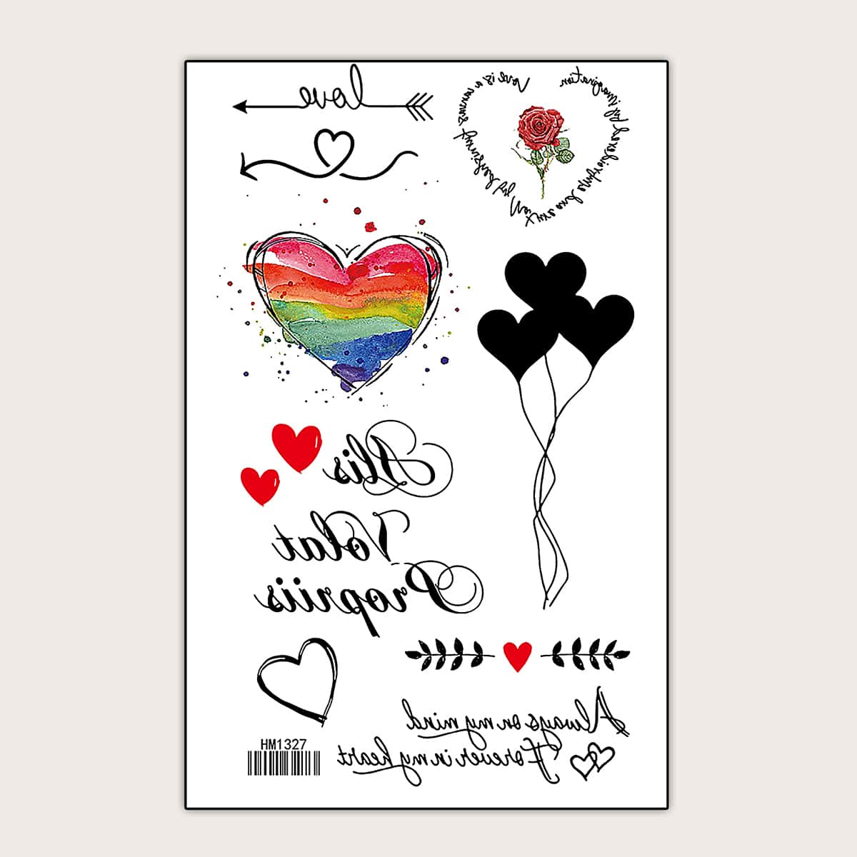 

Heart & Rose Pattern Tattoo Sticker, Multicolor