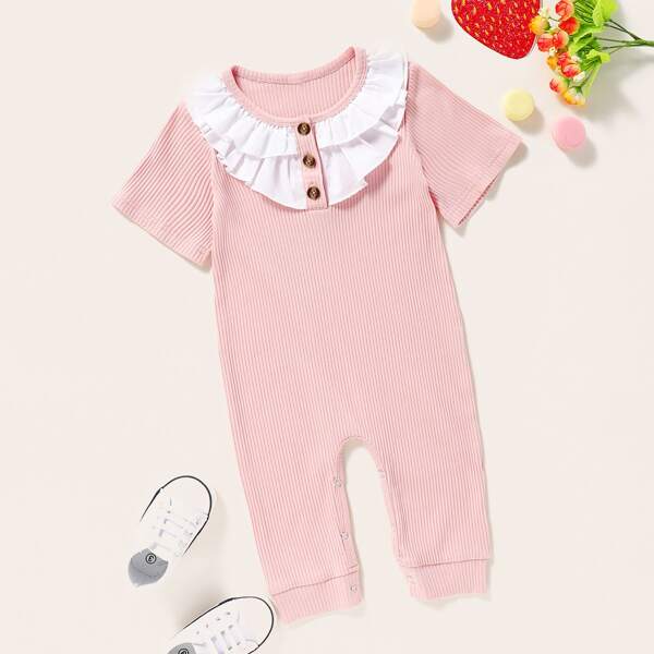 

Baby Girl Ruffle Trim Button Front Jumpsuit, Pink
