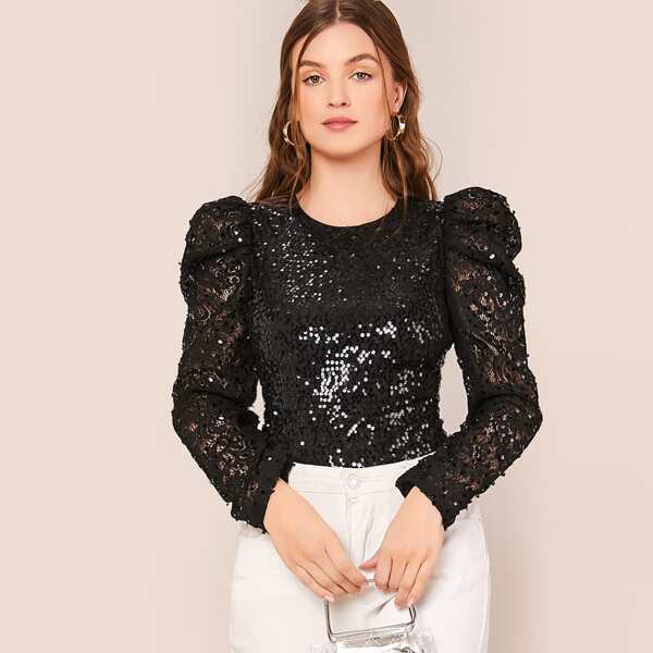 

Lace Leg-of-mutton Sleeve Sequin Top, Black