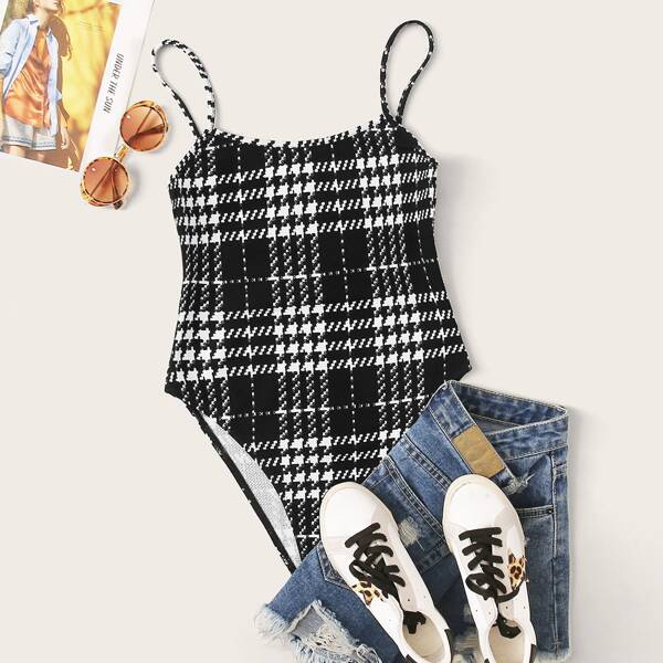 

Plus Plaid High Cut Cami Bodysuit, Black
