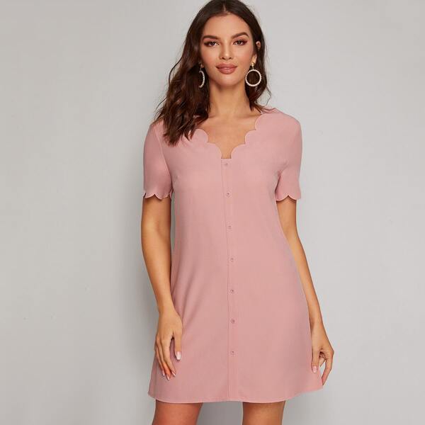 

Double V-neck Scallop Trim Tunic Dress, Pink pastel