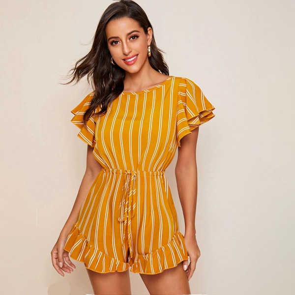 

Drawstring Waist Butterfly Sleeve Ruffle Hem Striped Romper, Yellow