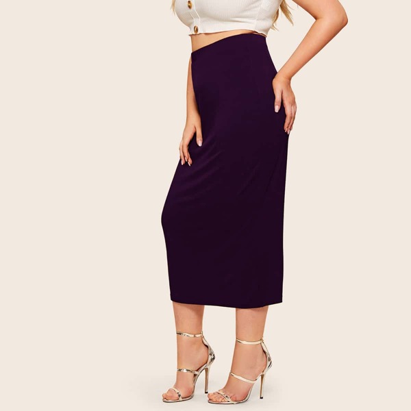 

Plus Solid Elastic Waist Skirt, Purple