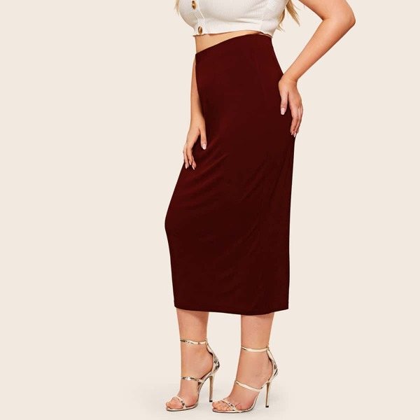 

Plus Solid Elastic Waist Skirt, Burgundy
