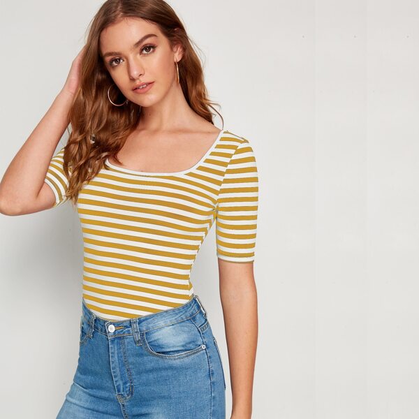 

Scoop Neck Striped Fitted Top, Yellow