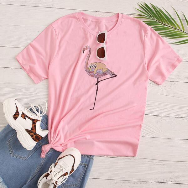 

Plus Flamingo & Sloth Print Tee, Pink