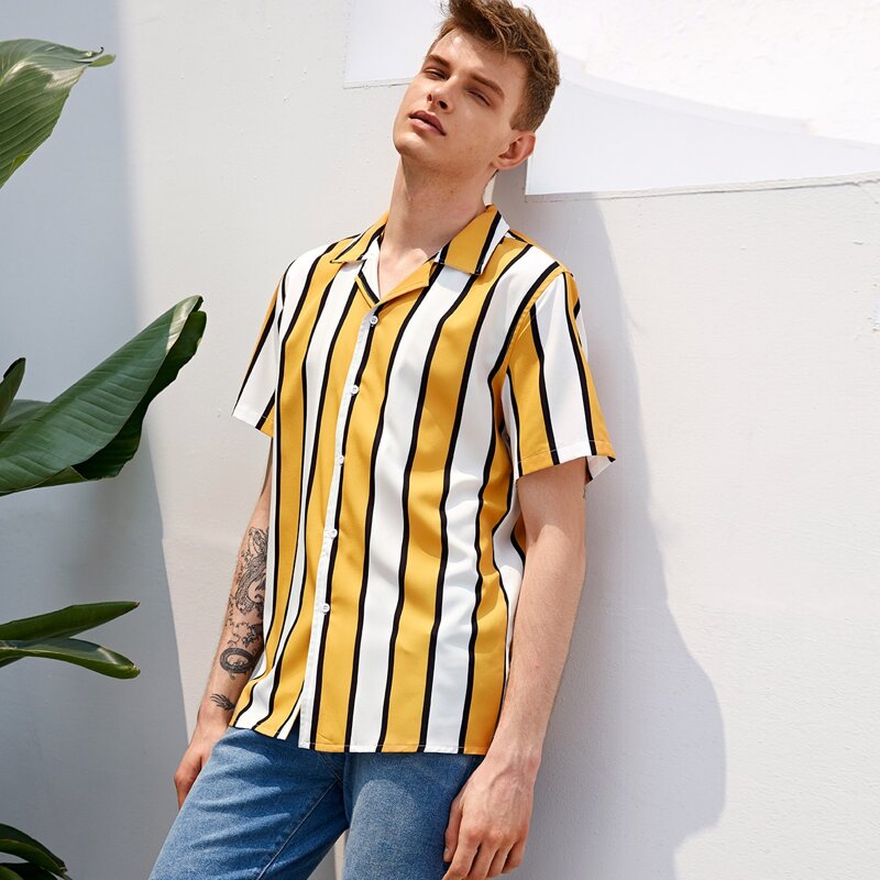 

Guys Revere Collar Colorful Striped Shirt, Multicolor