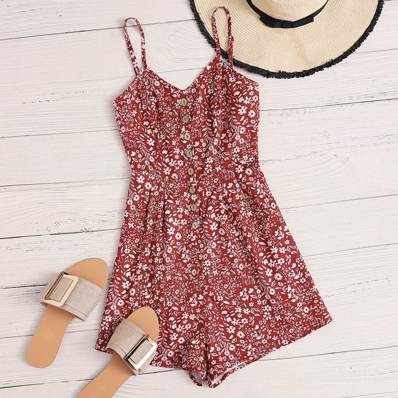 

Ditsy Floral Print Button Front Cami Romper, Red