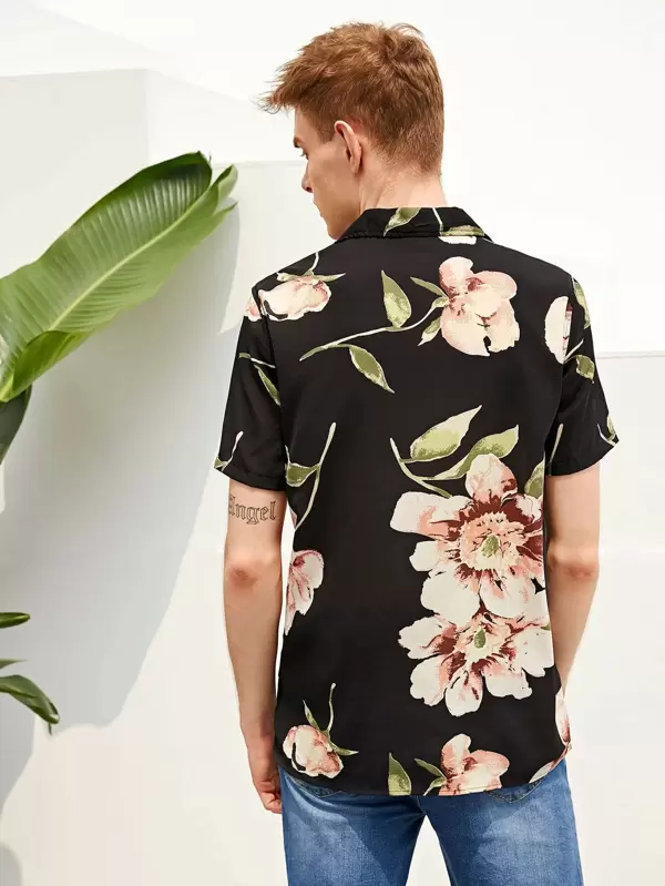 Camisa de hombres con estampado floral de cuello notch | ROMWE Camisa de hombres con estampado floral de cuello notch | ROMWE