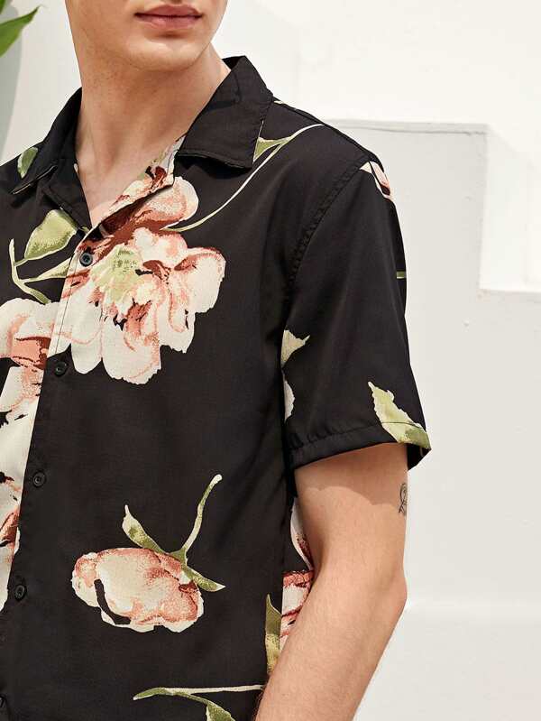 Camisa de hombres con estampado floral de cuello notch | ROMWE Camisa de hombres con estampado floral de cuello notch | ROMWE