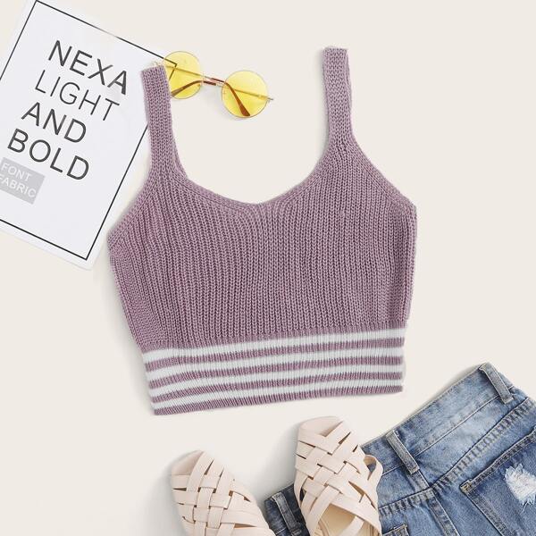 

Striped Trim Crop Knit Top, Purple