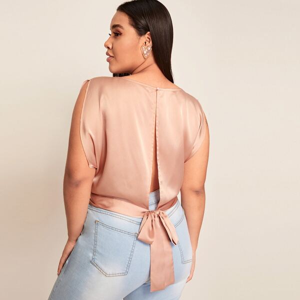 

Plus Boat Neck Tie Back Satin Top, Pink pastel