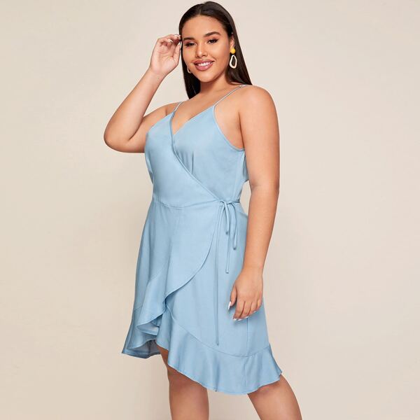

Plus Ruffle Hem Wrap Belted Denim Dress, Blue pastel