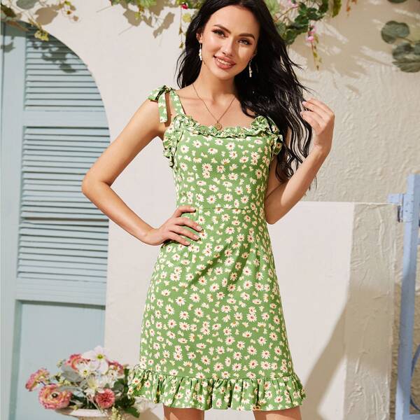 

Daisy Print Ruffle Trim Knot Cami Dress, Green