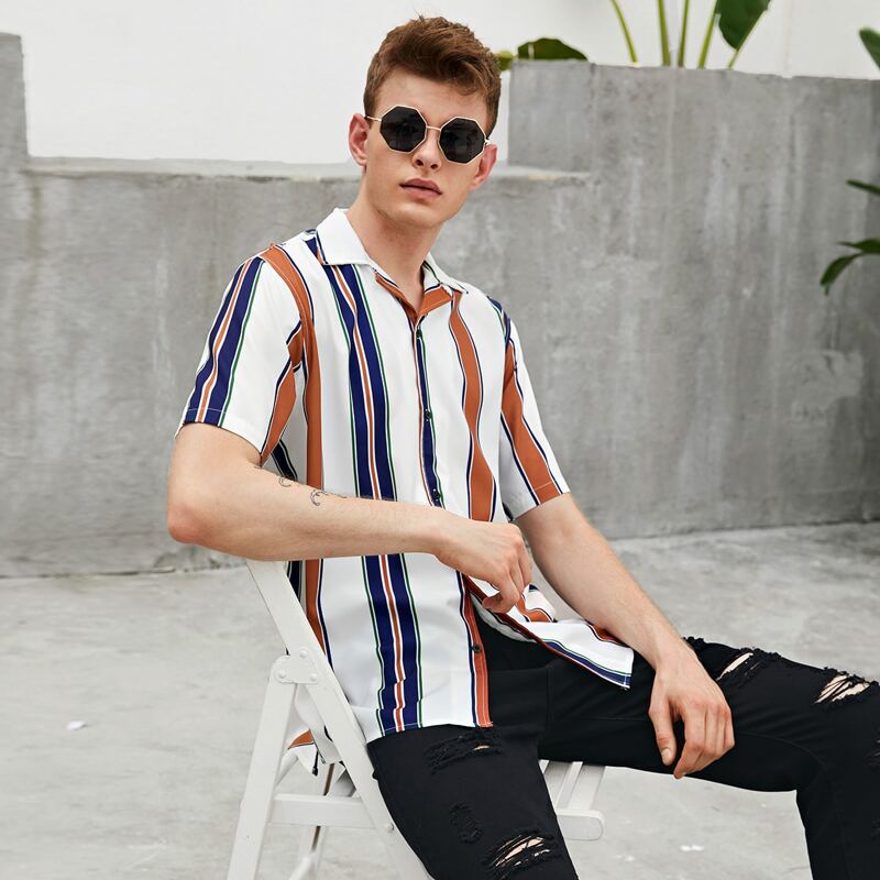 

Guys Notch Collar Colorblock Striped Shirt, Multicolor